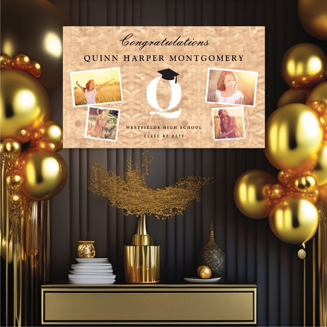Banderoles Fhuile de cuivre Monogramme 4 Photo Chic Graduatio (Copper Faux Foil Name Monogram 4 Photo Chic Graduation Party Banner @ www.zazzle.com/color_therapy)