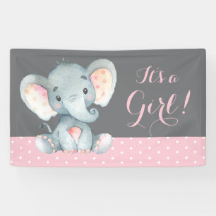 Banderoles Fille Baby shower éléphant rose et gris bannièr