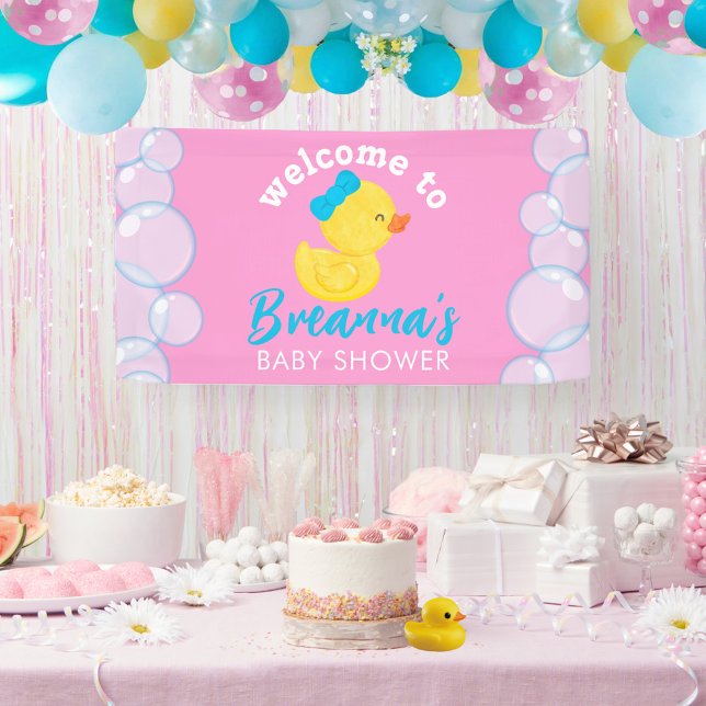 Banderoles Fille Caoutchouc Baby shower Ducky Accueil Suspend (Girl Rubber Duck Baby Shower Welcome Hanging Vinyl Banner in Pink)