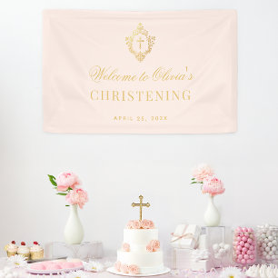 Banderoles Fille Christening Pink Vintage Faux Gold Foil Cres