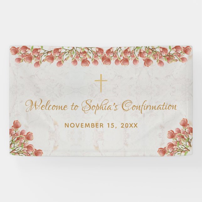 Banderoles Fille Confirmation Florale Bienvenue Magnolia rose (Horizontal)