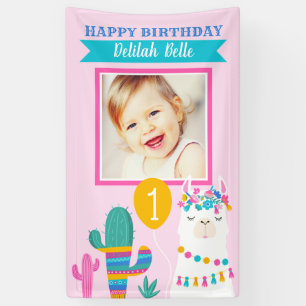 Banderoles Fille d'anniversaire lama rose Photo Fiesta