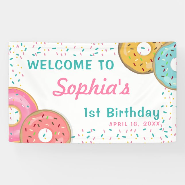 Banderoles Fille Donut 1er Anniversaire Fête confetti Bannièr (Horizontal)