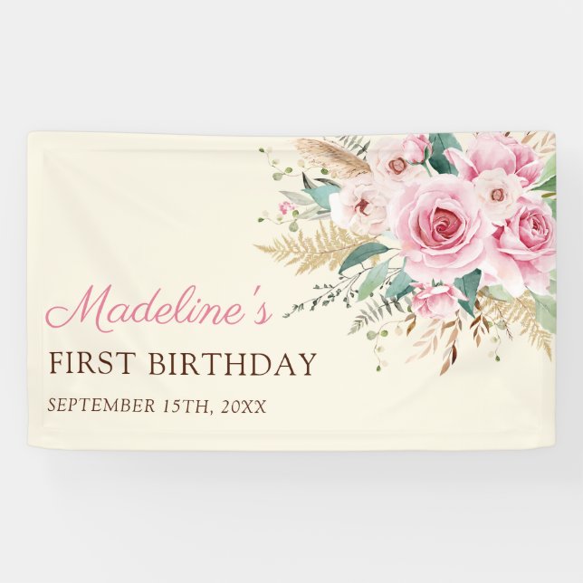 Banderoles Fille Fleur sauvage 1er anniversaire (Horizontal)