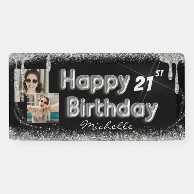 Banderoles Fille Parties scintillant Noir & Argent N'importe  (Horizontal)