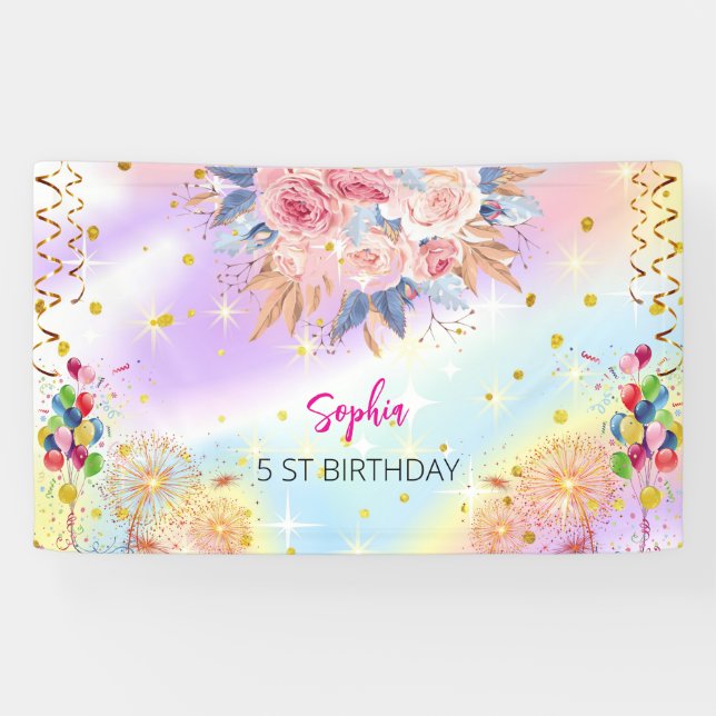 Banderoles fille rose bienvenue aquarelle florale fête d'anni (Horizontal)