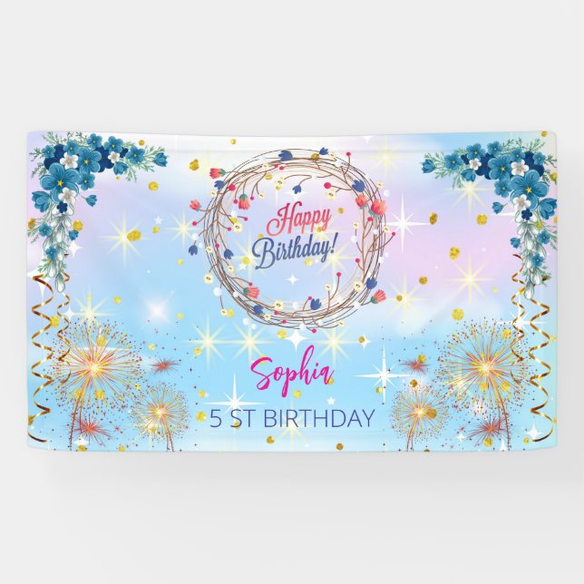 Banderoles fille rose bienvenue aquarelle florale fête d'anni (Horizontal)