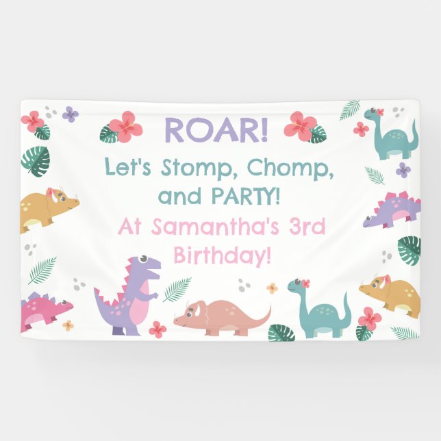 Banderoles Fille Rose et Pastel et Dinosaure (Horizontal)