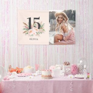 Banderoles Fille rose, photo florale élégant anniversaire