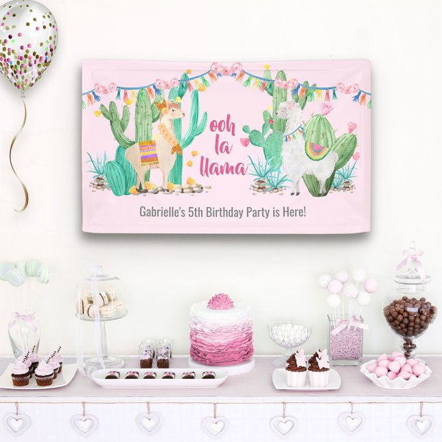 Banderoles Filles Llama & Cactus Personnalisé Anniversaire Bi (Créateur téléchargé)