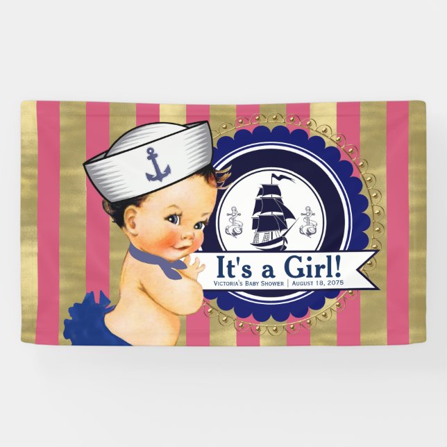 Banderoles Filles Nautique Marine Baby shower bleu rose or (Horizontal)