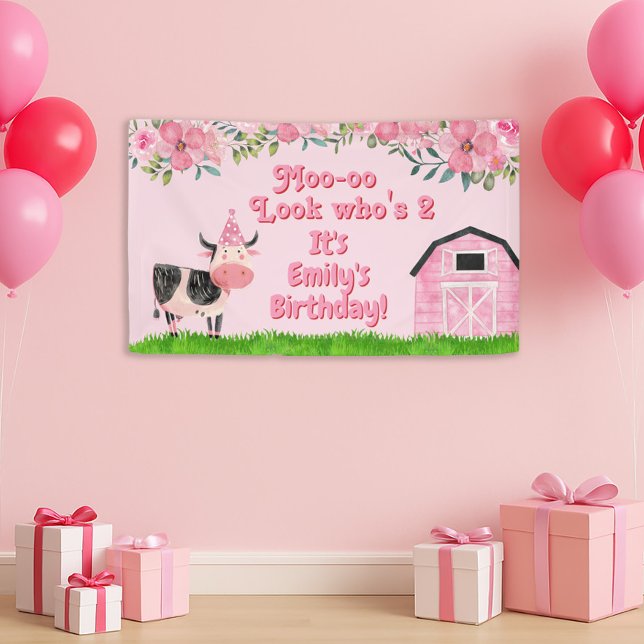 Banderoles Fillettes 2e anniversaire Rose de la grange vache (Moo--oo Look Who's Two little girl's cow/farm animal birthday banner)