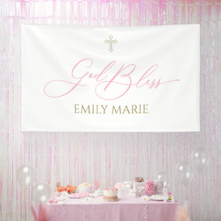Banderoles First Communion God Bless Pink banner backdrop