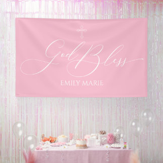 Banderoles First Communion God Bless Pink banner backdrop 