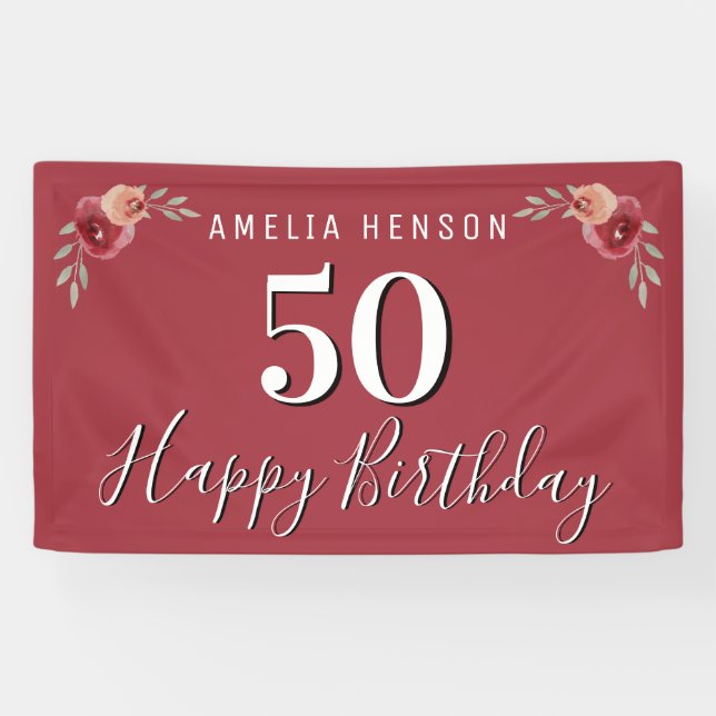 Banderoles Fleur d'aquarelle rouge 50e anniversaire (Horizontal)