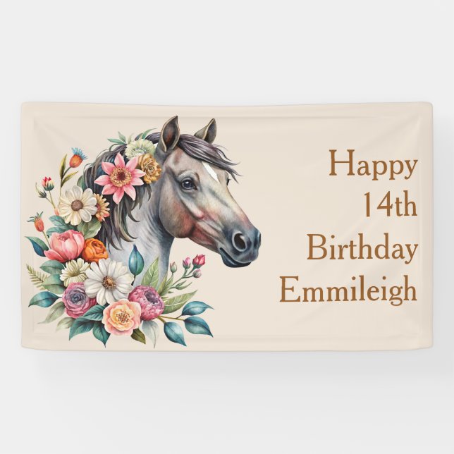 Banderoles Fleur grise Cheval Fille Adolescente Anniversaire (Horizontal)