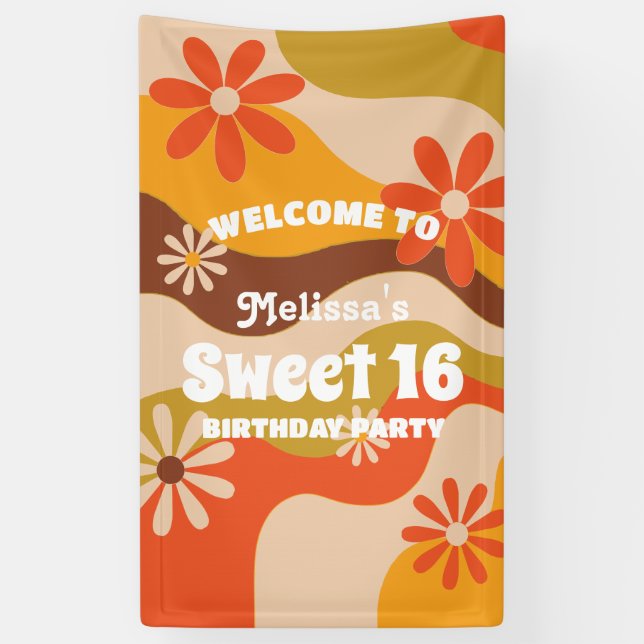 Banderoles Fleur hippie Super rétro Sweet 16 Anniversaire (Vertical)
