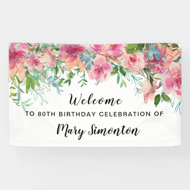Banderoles Fleur rose 80e anniversaire Bienvenue (Horizontal)