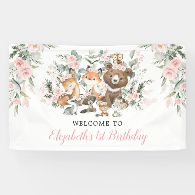 Banderoles Fleur rose Bois Forêt Animaux Filles Anniversaire (Horizontal)
