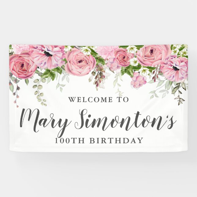 Banderoles Fleur rose et blanche 100e anniversaire Accueil (Horizontal)