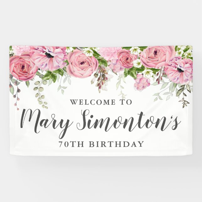 Banderoles Fleur rose et blanche 70e anniversaire Accueil (Horizontal)