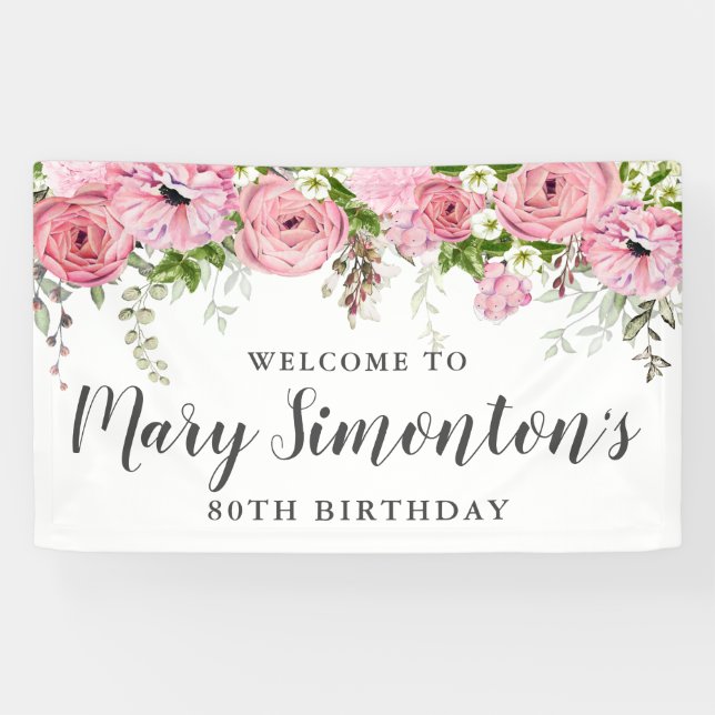 Banderoles Fleur rose et blanche 80e anniversaire Accueil (Horizontal)
