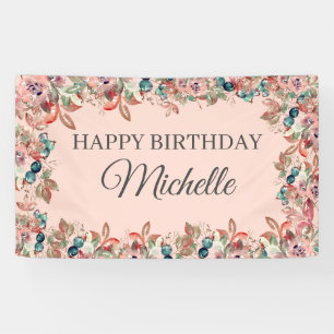 Banderoles Fleur rose et sarcelle Joyeux Anniversaire aquarel