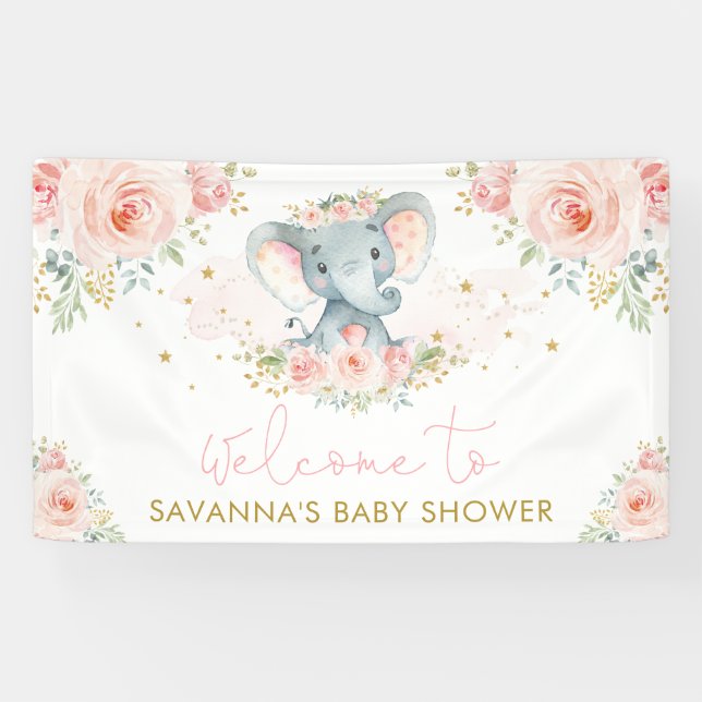 Banderoles Fleur rose Flush Elephant Baby Girl Bienvenue (Horizontal)