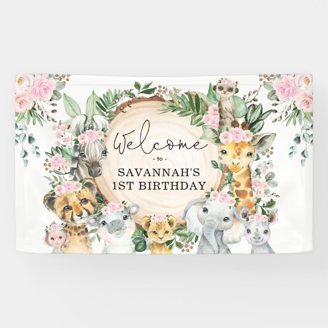 Banderoles Fleur rose pâle Safari Animaux Anniversaire Bienve (Horizontal)