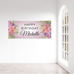 Banderoles Fleur rose violet aquarelle Joyeux Anniversaire No