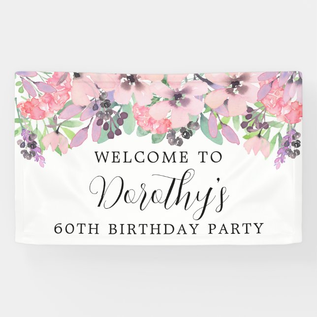 Banderoles Fleur sauvage rose violet 60e anniversaire Bienven (Horizontal)