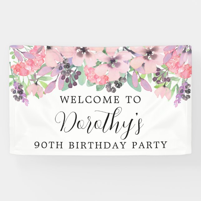 Banderoles Fleur sauvage rose violet 90e anniversaire Bienven (Horizontal)