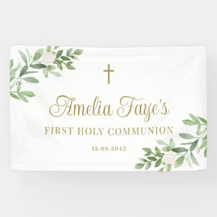 Banderoles Fleurs blanches et verdure Première communion sain