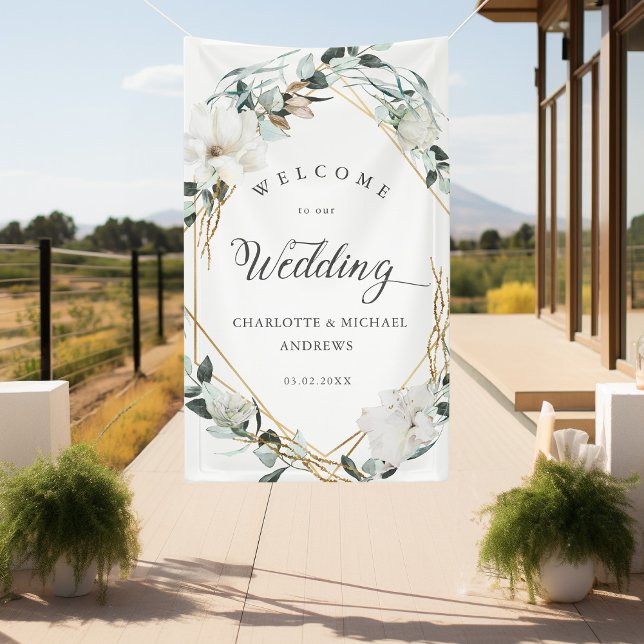 Banderoles Fleurs blanches Eucalyptus Mariage géométrique or (White Flowers Eucalyptus Gold Geometric Wedding Banner with your name & Date.)