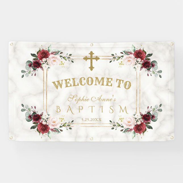 Banderoles Fleurs blanches Marbre d'or Affiche de bienvenue d (Horizontal)