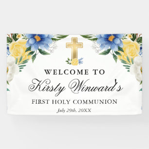 Banderoles Fleurs bleues et jaunes Première communion sainte