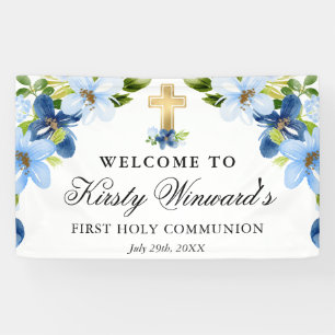 Banderoles Fleurs bleues et navy pour la première communion