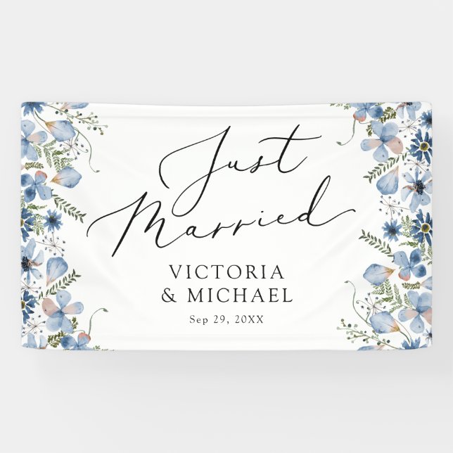Banderoles Fleurs Bleues Moderne Juste Marié (Horizontal)