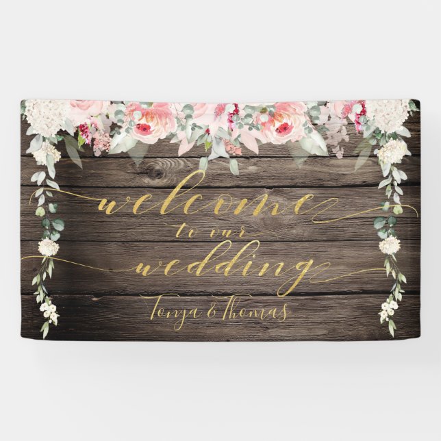 Banderoles Fleurs blush Fancy Gold Calliage Welcome Bois (Horizontal)