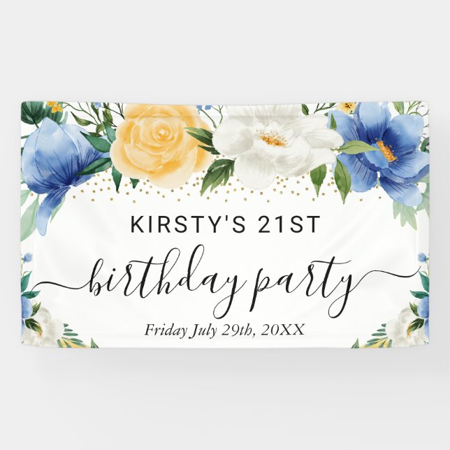 Banderoles Fleurs Boho Bleu et Jaune Accueil d'Anniversaire (Horizontal)