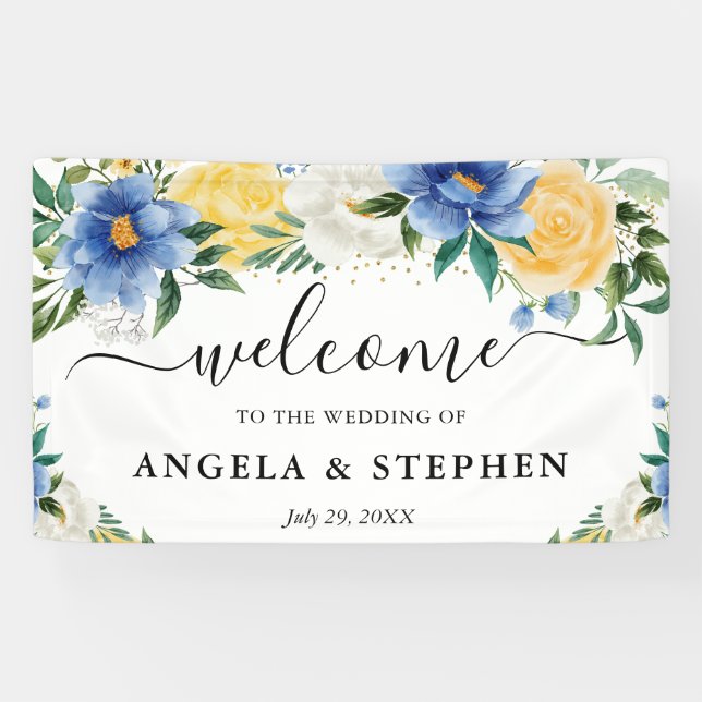 Banderoles Fleurs Boho Bleu et Jaune Accueil Mariage (Horizontal)