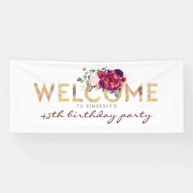 Banderoles Fleurs Bourgogne Typographie Or Anniversaire Bienv (Horizontal)