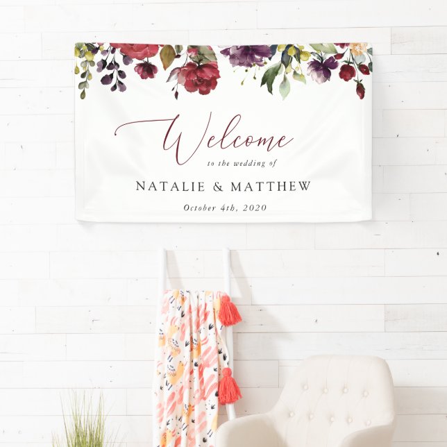 Banderoles Fleurs Bourgognes, Fleurs Roses, Accueil Mariage (En situation)
