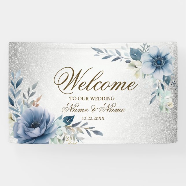 Banderoles Fleurs d'Aquarelle bleu Dusty Silver Elégant (Horizontal)