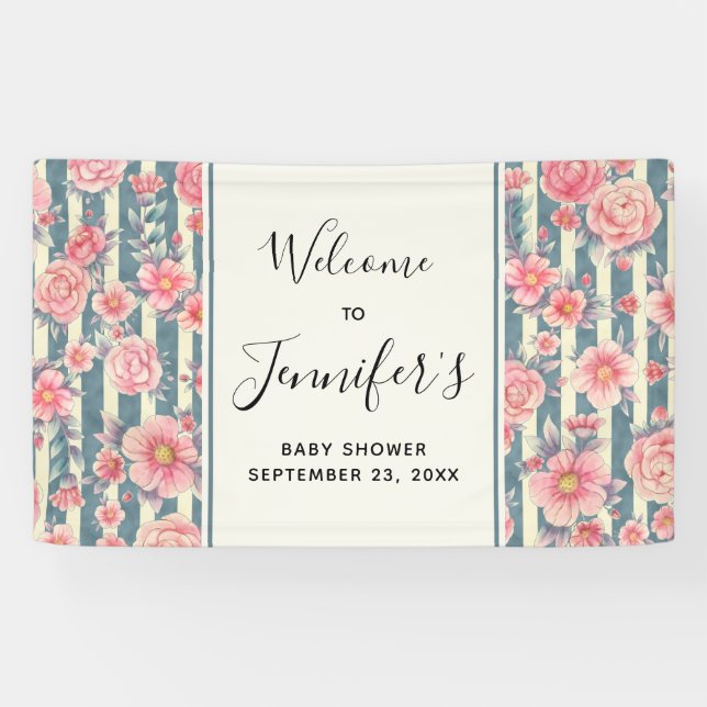 Banderoles Fleurs d'aquarelle rose sur Baby shower de rayures (Horizontal)