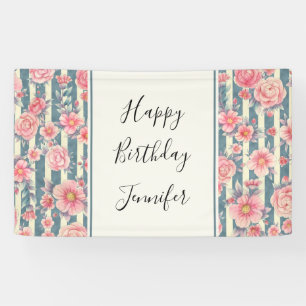 Banderoles Fleurs d'aquarelle rose sur rayures Anniversaire