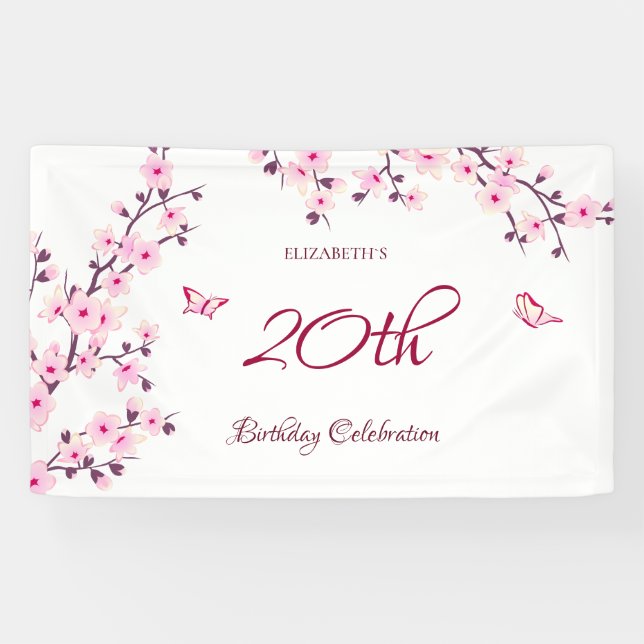 Banderoles Fleurs de cerisier papillon rose blanc (Horizontal)