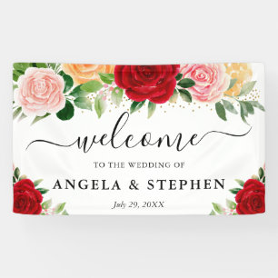 Banderoles Fleurs de mariage aquarelle roses rouges et orange