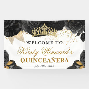 Banderoles Fleurs de Quinceanera aquarelle noir et or