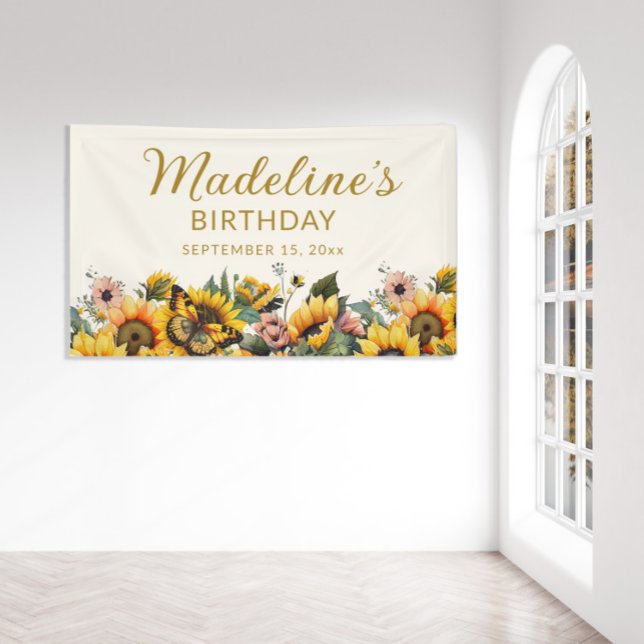 Banderoles Fleurs de soleil papillon femme's Birthday (Sunflowers and butterflies custom birthday party banner personalized with your name and party date.
)